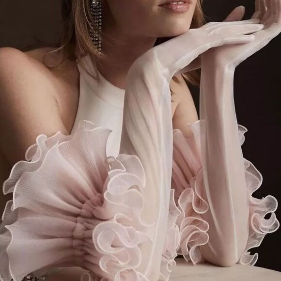 Sleeper Zephyr Ruffle Long Gloves Sheer  White Pink Rose All One Size - Picture 1 of 6